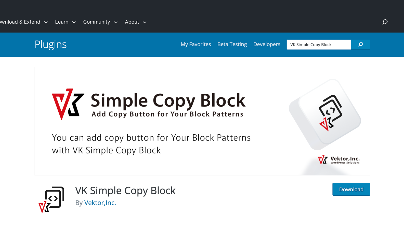 VK Simple Copy Block has been registered in the WordPress.org plugin directory